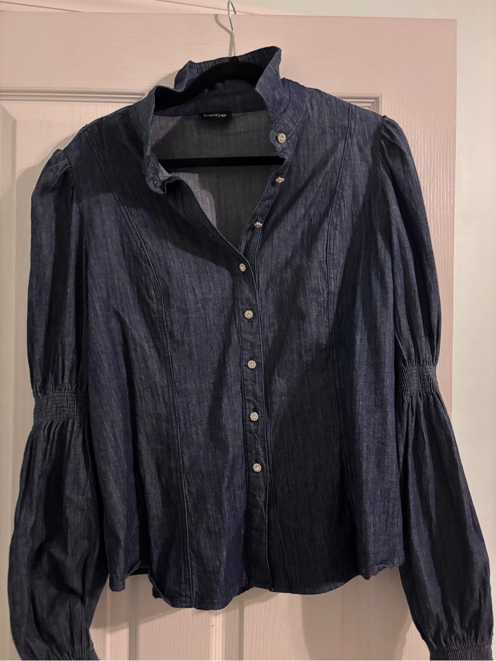 Dark Blue Puff-Sleeve Button-Front Denim Women's Top